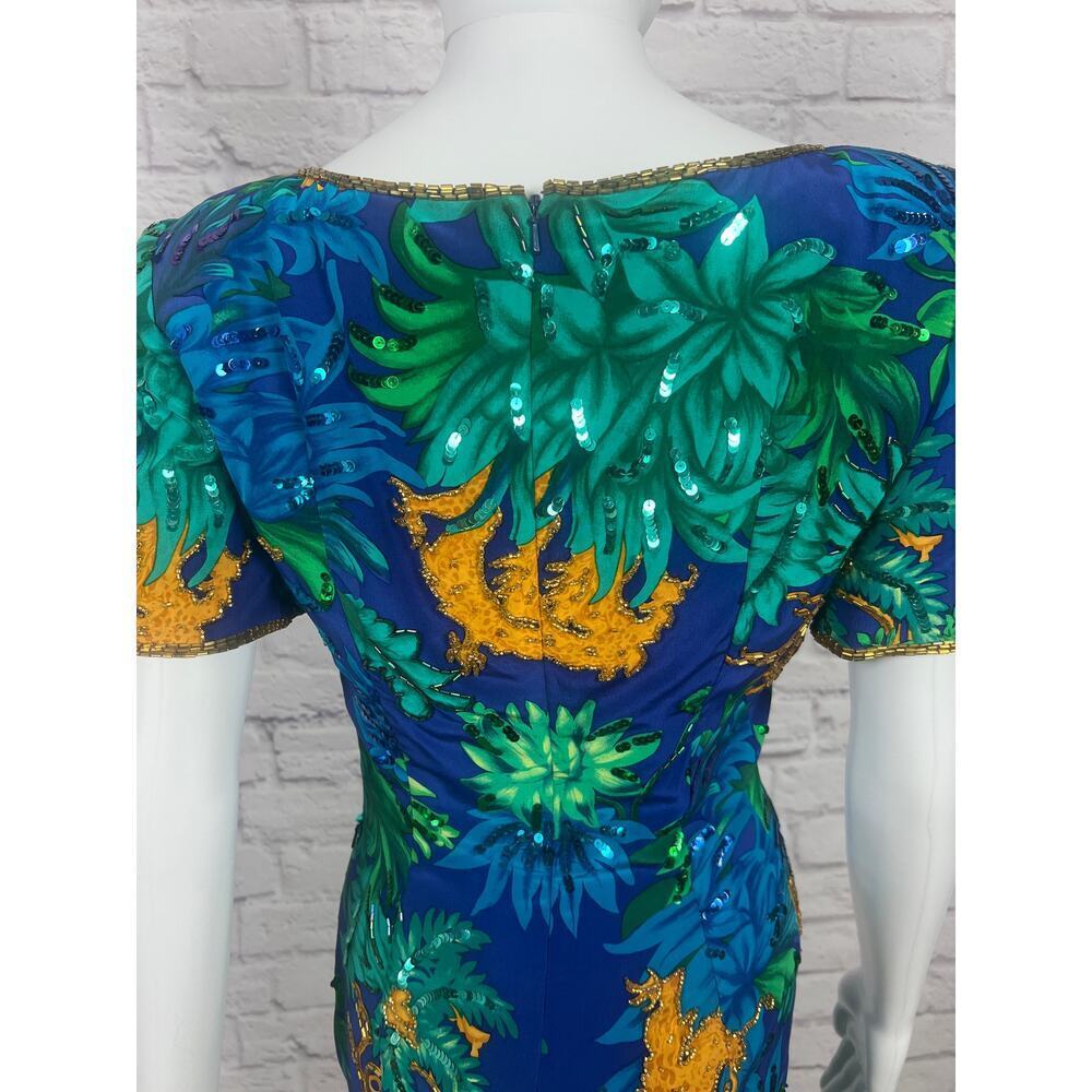 Vintage 1980s 100% Silk A.J. Bari Pattern Beaded and Sequins Dress - Picture 10 of 12
